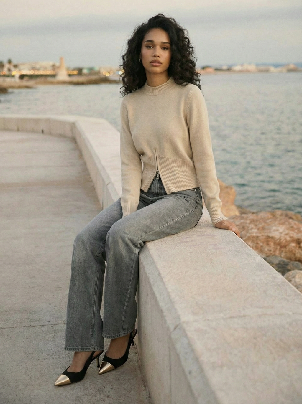 Waist-Confining Zip-Up Sweater Beige