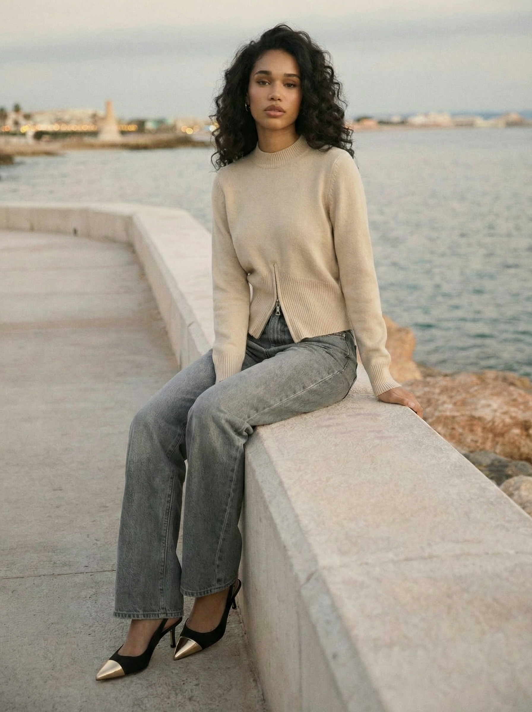 Taillenbetonter Reißverschlusspullover, beige