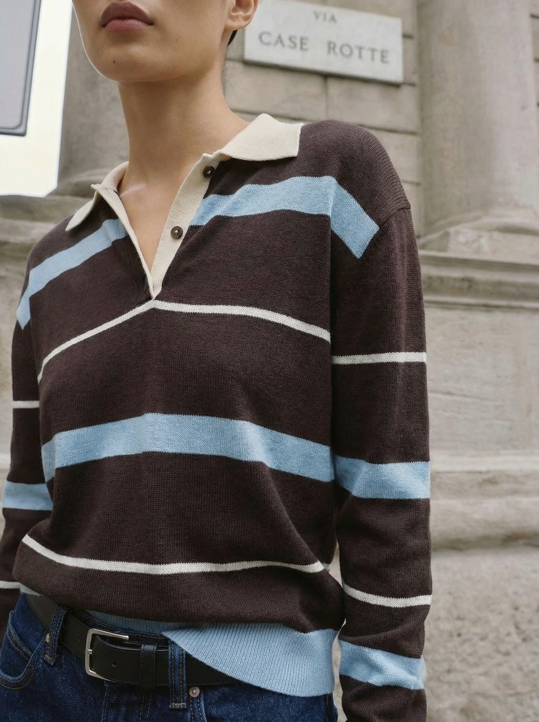 Lässiges, gestreiftes Langarm-Polohemd im Vintage-Stil