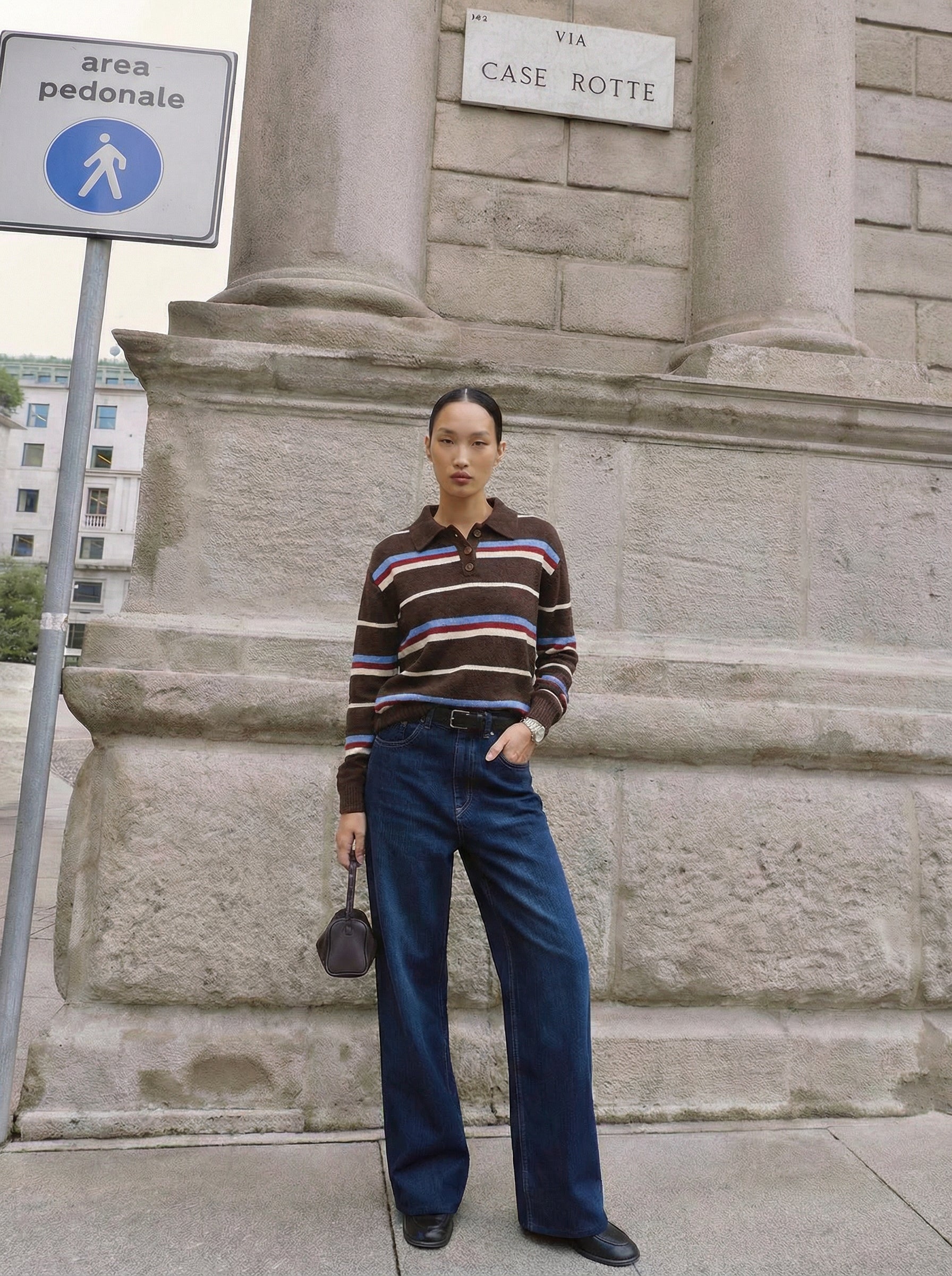 Lässiges, gestreiftes Langarm-Polohemd im Vintage-Stil