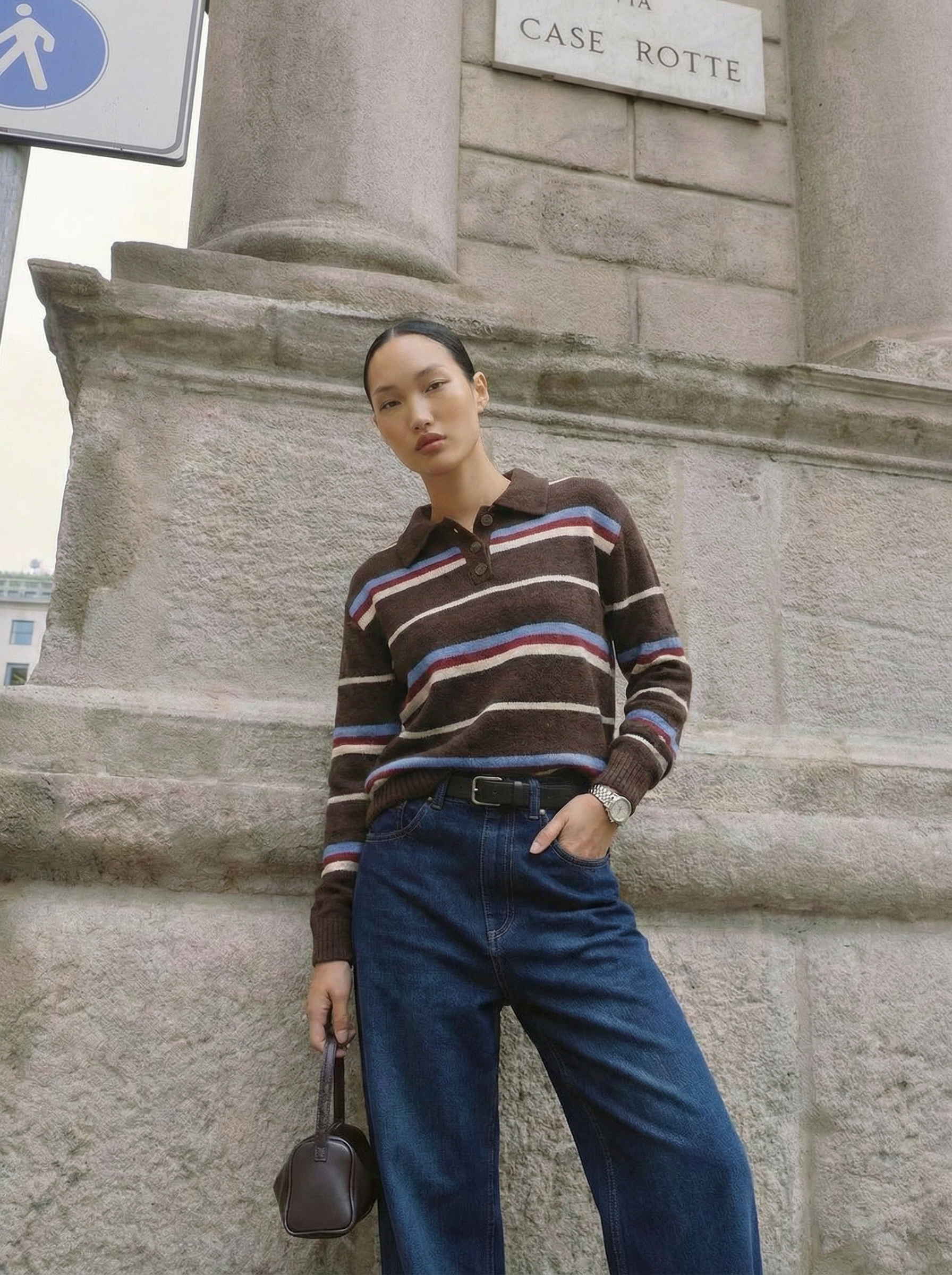 Lässiges, gestreiftes Langarm-Polohemd im Vintage-Stil