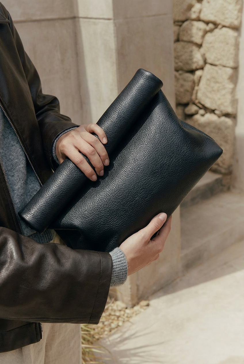 Rolltop-Clutch aus schwarzem genarbtem Leder