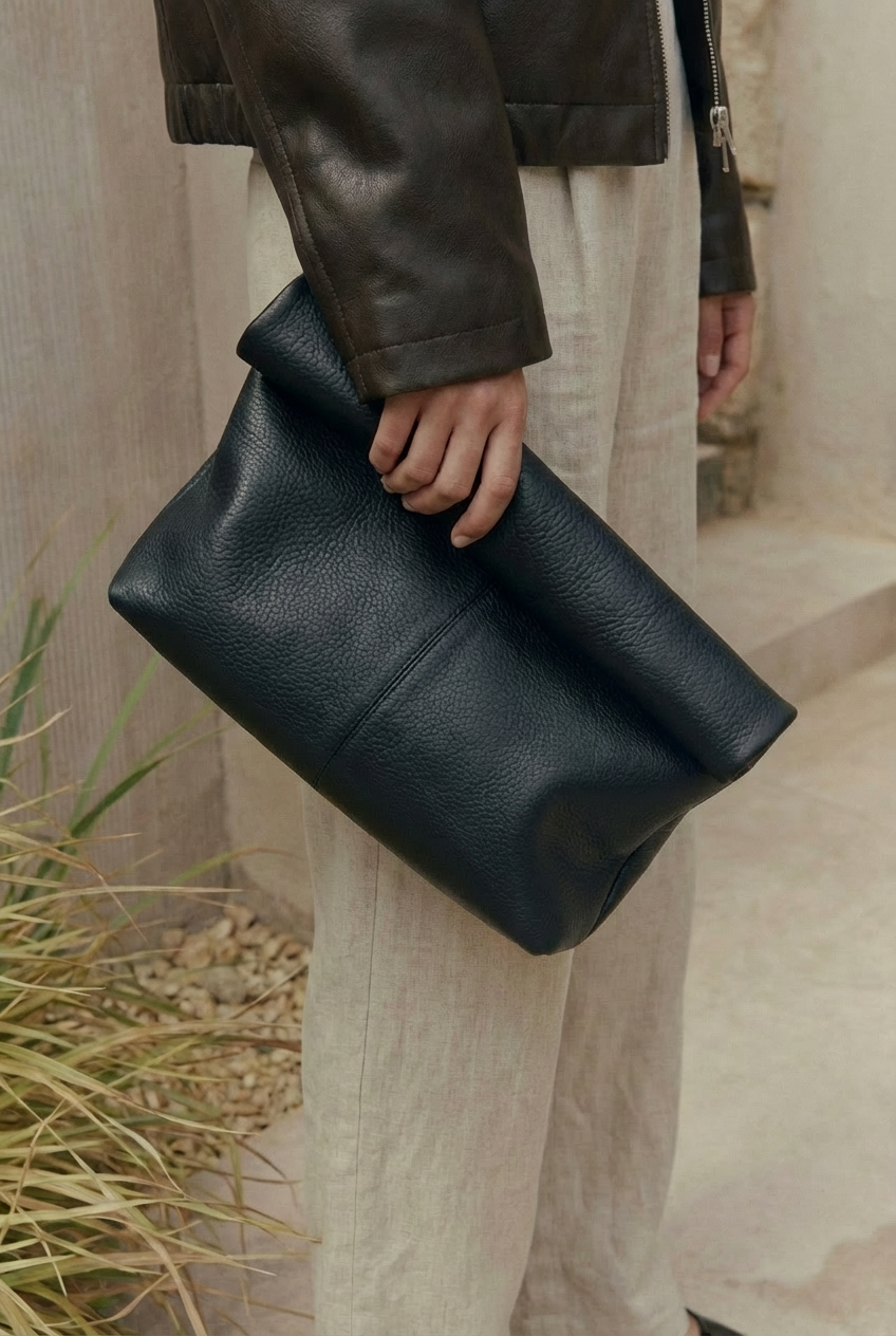 Rolltop-Clutch aus schwarzem genarbtem Leder