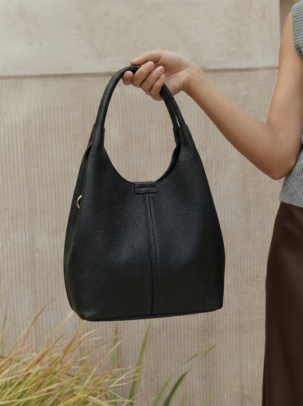 Black Grained Leather Hobo Bag