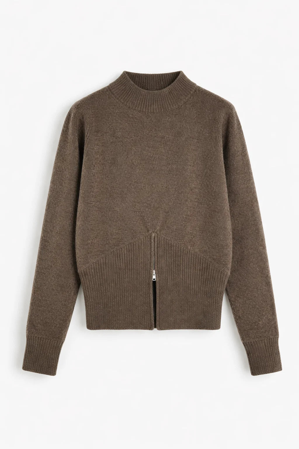 Waist-Confining Zip-Up Sweater Brown